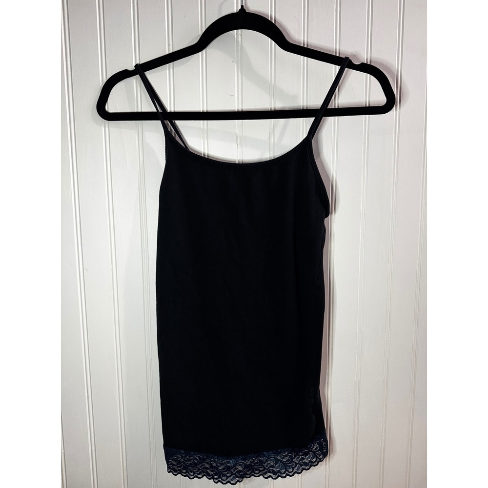 Seductions Womens Black Camisole Tank Top Teal Blue Lace Trim Size Small